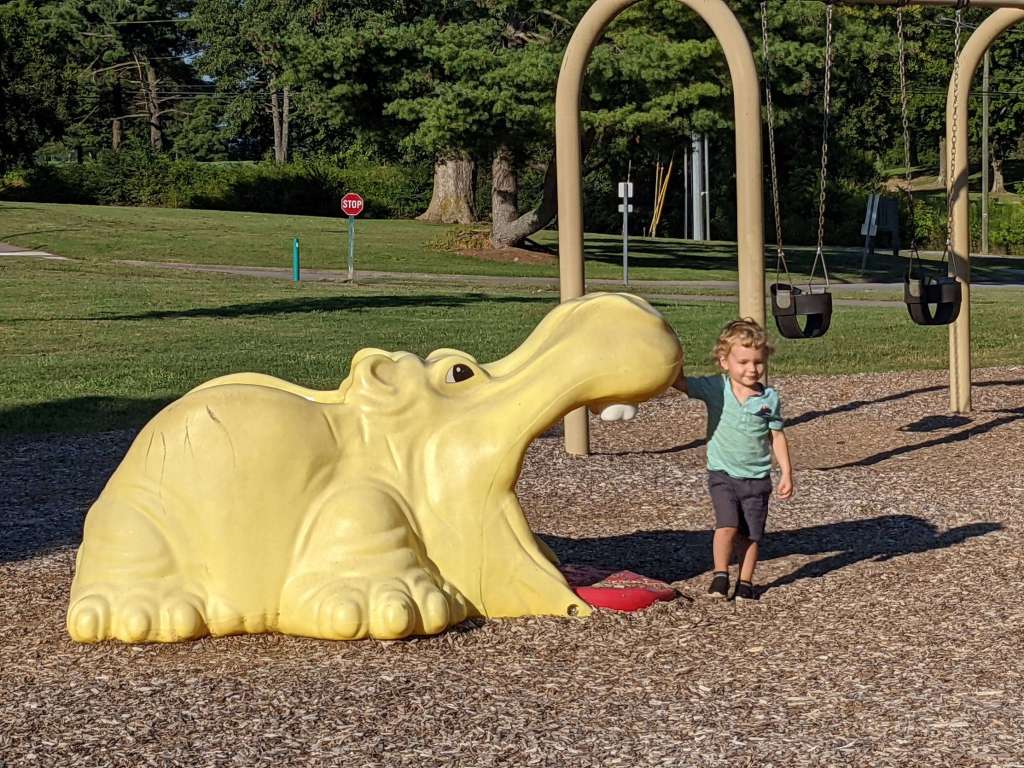 The older playground, with a mulch base, at Two Rivers Park in Donelson features this funny yellow hippo