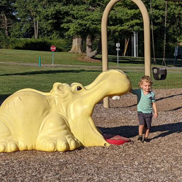 The older playground, with a mulch base, at Two Rivers Park in Donelson features this funny yellow hippo