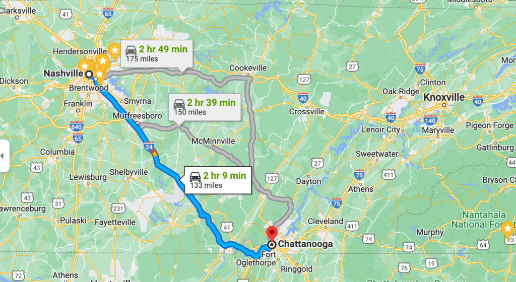 Map showing route from Nashville to Chattanooga
