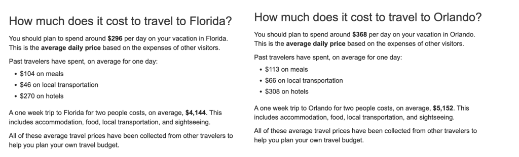 Cost of trip to Florida and Orlando