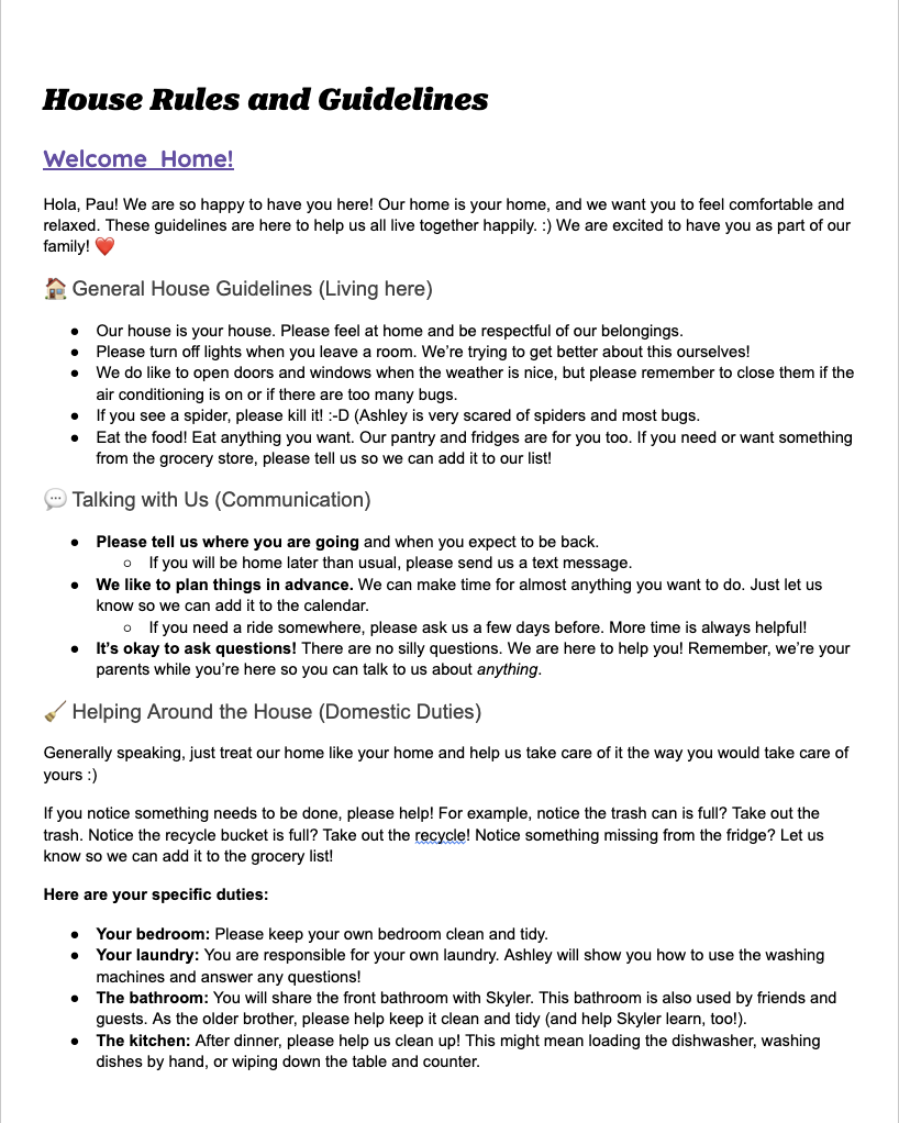 Image of house rules and guidelines for residents, including sections on living guidelines, communication, and domestic duties.