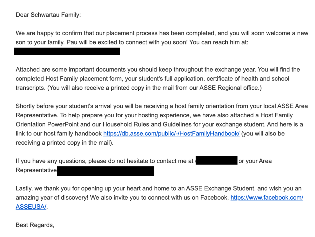A confirmation letter addressed to the Schwartau Family regarding the placement of an exchange student named Pau, detailing attached documents, orientation details, and contact information.