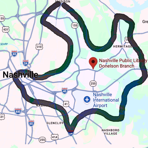 The 15-min driving radius from central Donelson